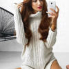 Turtleneck Sweater Dress White Chunky Cable Knit Long Sleeve Split Midi Dress