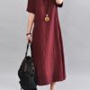 O-Neck Short Sleeve Cotton Linen Maxi Dress - Image 3