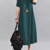 O-Neck Short Sleeve Cotton Linen Maxi Dress - Image 5
