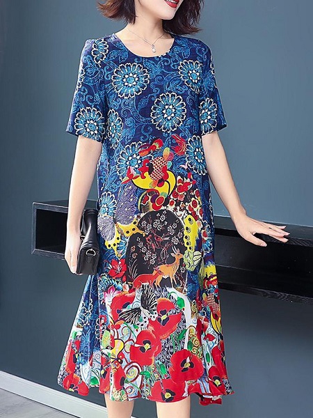 Vintage Printing Color Block Short Sleeve Dress