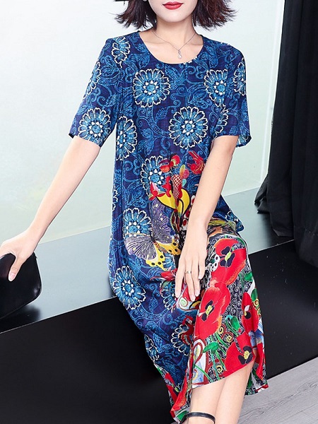 Vintage Printing Color Block Short Sleeve Dress - Image 2