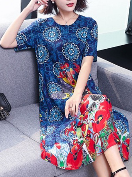 Vintage Printing Color Block Short Sleeve Dress - Image 3
