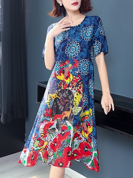 Vintage Printing Color Block Short Sleeve Dress - Image 4