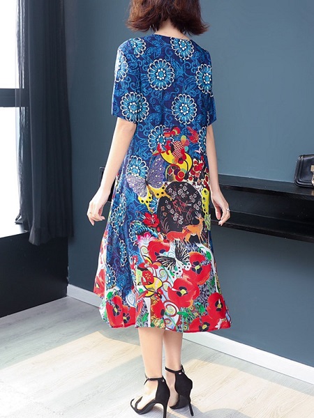 Vintage Printing Color Block Short Sleeve Dress - Image 5
