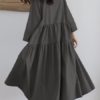 Vintage Women Loose Long Sleeve Flip Button Collar A Line Fold Dress