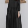 Vintage Women Loose Long Sleeve Flip Button Collar A Line Fold Dress - Image 7