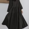Vintage Women Loose Long Sleeve Flip Button Collar A Line Fold Dress - Image 8