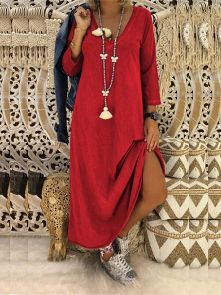 Vintage Women Solid Color Crew Neck Long Sleeve Dress - Image 3