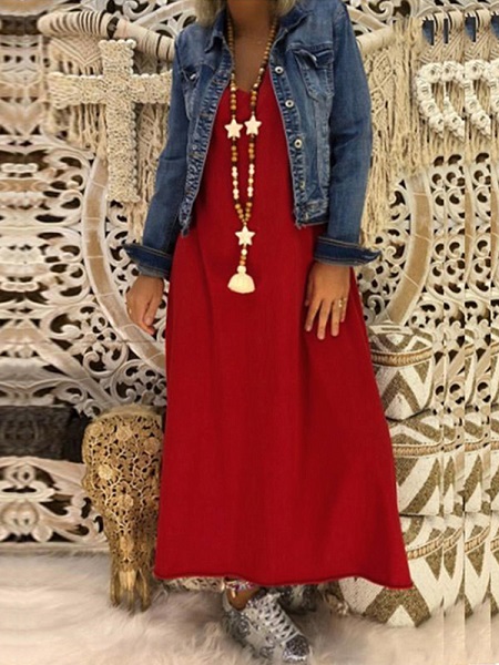 Vintage Women Solid Color Crew Neck Long Sleeve Dress - Image 2