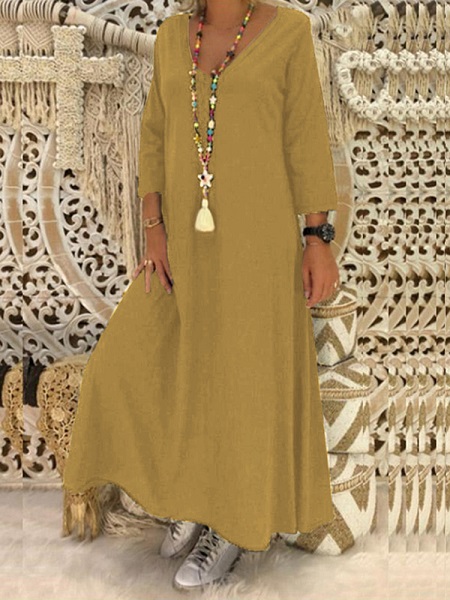 Vintage Women Solid Color Crew Neck Long Sleeve Dress - Image 6