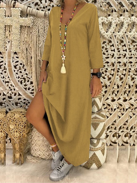 Vintage Women Solid Color Crew Neck Long Sleeve Dress - Image 5