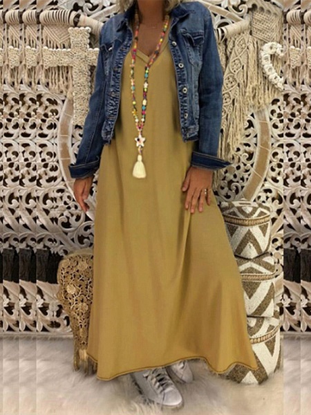 Vintage Women Solid Color Crew Neck Long Sleeve Dress - Image 4