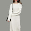 White Knit Dress Women Sweater Dress Round Neck Long Sleeve Lace Up Long Dress