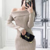 Women Knitted Dress Off The Shoulder Long Sleeve Buttons Mini Dress