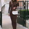 Women Long Knitted Dress Round Neck Long Sleeve Shaping Dress