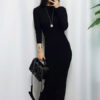 Women Long Knitted Dress Round Neck Long Sleeve Shaping Dress - Image 3