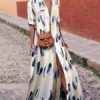 Women Party Evening V Neck Short Sleeve Floral Printed Long Maxi Dress