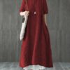 Women Retro Plaid Short Sleeve O-neck Long Shirt Vintage Dress