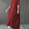 Women Retro Plaid Short Sleeve O-neck Long Shirt Vintage Dress - Image 2
