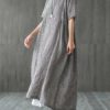 Women Retro Plaid Short Sleeve O-neck Long Shirt Vintage Dress - Image 4