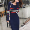 Women Striped Knitted Dress Long Sleeve Round Neck Bodycon Dress