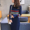 Women Striped Knitted Dress Long Sleeve Round Neck Bodycon Dress - Image 3