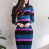 Women Striped Sweater Dress Round Neck Long Sleeve Fall And Winter Dress