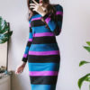 Women Striped Sweater Dress Round Neck Long Sleeve Fall And Winter Dress - Image 3