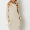 Women Sweater Dress High Collar Long Sleeve Shift Knitted Dress With Pockets