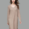 Women Sweater Dress Light Brown V Neck Long Sleeve Shift Dress Cotton Knit Dress - Image 3
