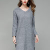 Women Sweater Dress Light Brown V Neck Long Sleeve Shift Dress Cotton Knit Dress - Image 5