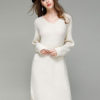Women Sweater Dress Light Brown V Neck Long Sleeve Shift Dress Cotton Knit Dress - Image 6