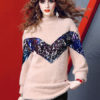 Women Sweater Dress Long Sleeve Crewneck Sequins Two Tone Mini Dress - Image 5