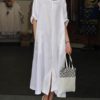 Women Vintage  Split Hem Crew Neck Dress