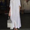 Women Vintage  Split Hem Crew Neck Dress - Image 3