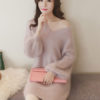 Women's Sweater Dress Soft Pink V Neck Puff Sleeve Midi Dress