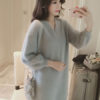 Women's Sweater Dress Soft Pink V Neck Puff Sleeve Midi Dress - Image 3
