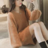 Women's Sweater Dress Soft Pink V Neck Puff Sleeve Midi Dress - Image 5
