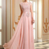 Prom Dresses Lace Applique Evening Dresses Chiffon Sleeveless Sash Floor Length Formal Gowns
