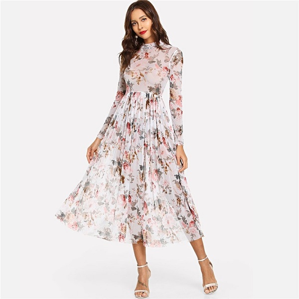 Party Elegant Mock Neck Semi Sheer Pleated Floral A Line Dress