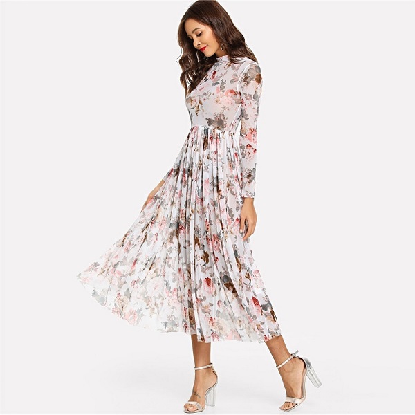 Party Elegant Mock Neck Semi Sheer Pleated Floral A Line Dress - Image 2