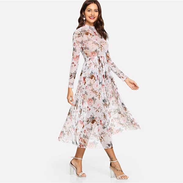 Party Elegant Mock Neck Semi Sheer Pleated Floral A Line Dress - Image 3