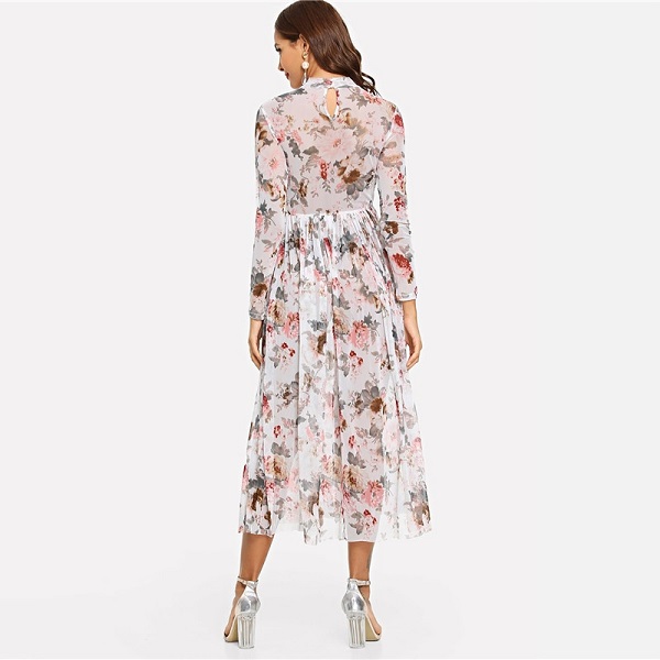 Party Elegant Mock Neck Semi Sheer Pleated Floral A Line Dress - Image 4