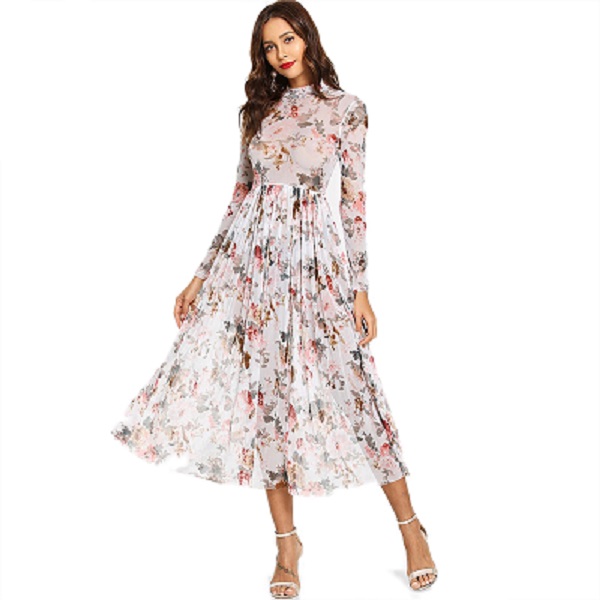 Party Elegant Mock Neck Semi Sheer Pleated Floral A Line Dress - Image 5