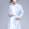 Blue Shirt Dress Turndown Collar Long Sleeve Striped Midi Dress