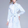 Blue Shirt Dress Turndown Collar Long Sleeve Striped Midi Dress - Image 4