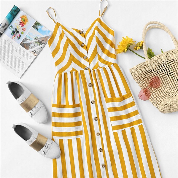 Striped Summer Vacation Beach Pockets Front Cami Dress - Image 2