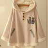 Cat Embroidery Hooded Fleece Coat