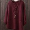 Crew Neck Button Long Sleeve Blouse - Image 3