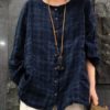 Crew Neck Long Sleeve Plaid Blouse - Image 7